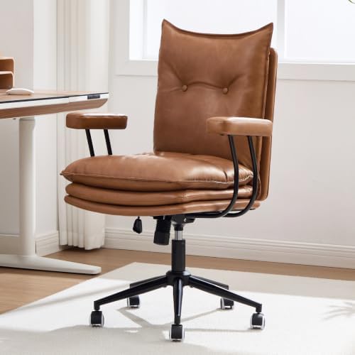 Leather Office Chair,Detachable Armrests,360°Swivel Mid Century Modern