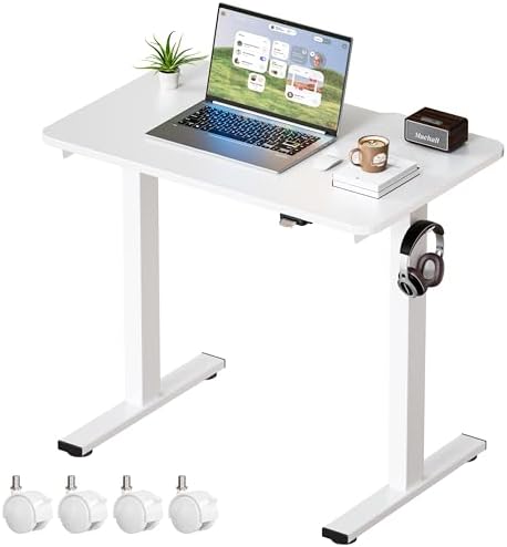 Okin Electric Standing Desk 31.5x19.7 Inches Small Computer Desk-Whole Piece Stand up Desk with Wheels Gaming Rolling Home Office Desks, White