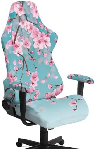 Teal Gaming Chair Cover Stretchable Cherry Blossom Computer Desk Chair Cover with Armrest Covers,4Pc/Set Soft Non Slip Office Chair Covers Slipcovers