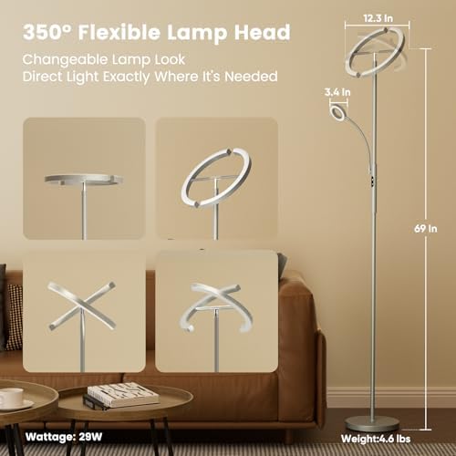 SIBRILLE 2-in-1 Dimmable Floor Lamp with Reading Light - Rotatable Standing Lamp with Remote&Touch Control, Stepless Color Brightness Adustable, Modern Lamp for Living Room Bedroom Office, Silver