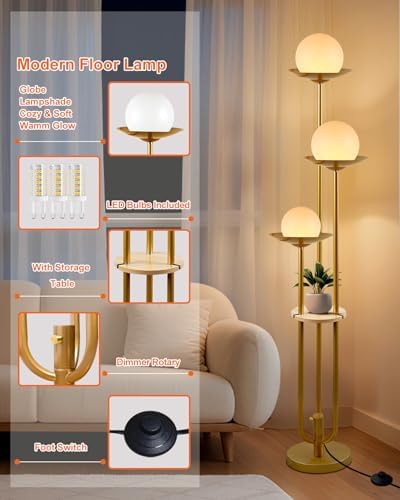 Lightdot Globe Floor Lamp with Shelf 3-Light Modern Dimmable Floor Lamps
