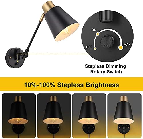 GOODATE Dimmable Wall Lamp with Plug in Cord, Plug in Wall Sconces, Swing Arm Wall Light with On Off Switch, Metal Black Brass Industrial Wall Lamp for Bedroom, Living Room, E26 Base