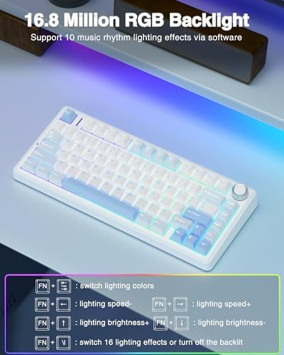 AULA F75 75% Wireless Mechanical Keyboard, Hot Swappable Creamy Keyboard, Pre-lubed Greywood Switches RGB Backlit Gaming Keyboards, 2.4GHz/Type-C/BT5.0(Salt White Blue)