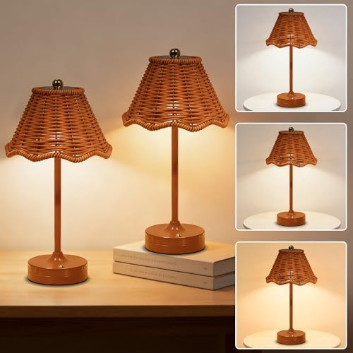 2 Pack Cordless Rattan Table Lamp,Small Wicker Lamp,Vintage Boho Lamp