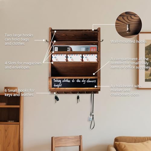 Wall Mail Organizer, Rustic Key and Mail File Holder for Wall Mount，brown