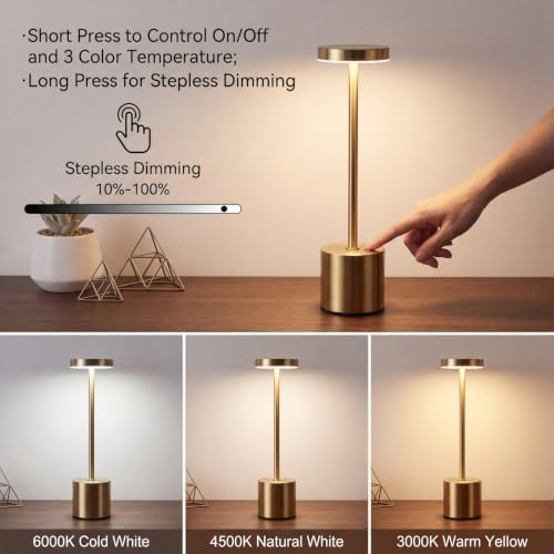 Cordless Table Lamp Set of 2, Gold Rechargeable Table Light