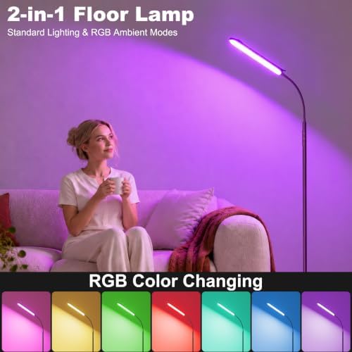 Yikuneng Floor Lamps, RGB Color Changing Dimmable LED Floor Lamp with Stepless Adjustable 2700K-6500K, Smart Remote Control Modern Standing Floor Lamp for Bedroom, Reading, Gaming Room