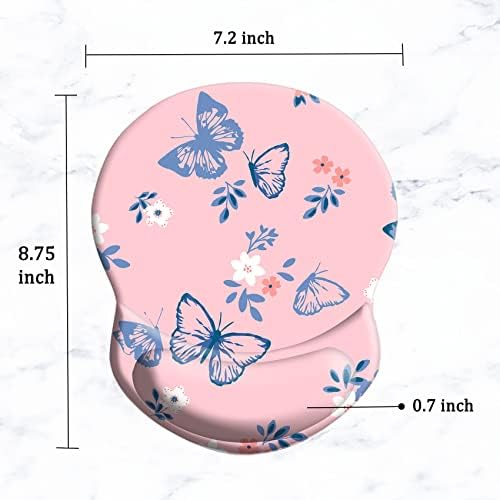 Ergonomic Wrist Support Mouse Pad - Comfortable Computer Mouse Pad with Non-Slip PU Base for Home Office Working Gaming (Blue Butterfly on Pink)