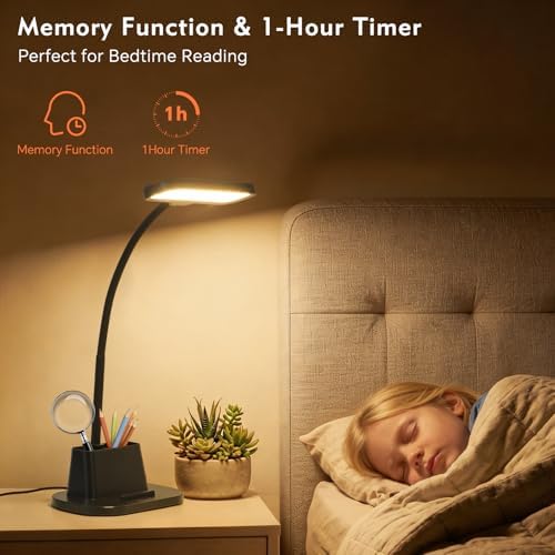 LED Desk Lamp for Dorm Small Desk Lamp with Pen Holder 5 Color Modes Black