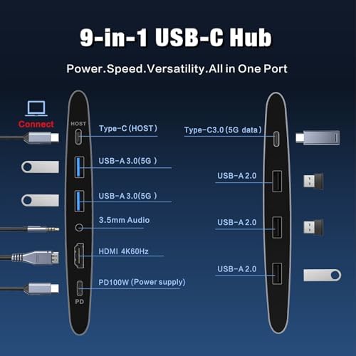 USB-C Hub Laptop Stand with Fan, Aluminum Laptop Riser with Docking Station 9-IN-1, 4K@60Hz HDMI, 100W PD Charging, USB 3.0, 3.5mm Audio, 360° Swivel, for MacBook Pro/Air, iPad Pro & Type-C Laptops