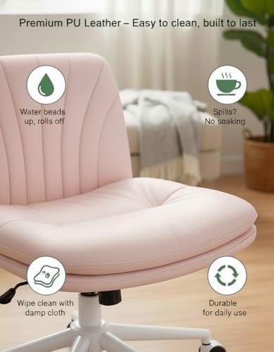 Marsail Armless-Office Desk Chair with Wheels: PU Leather Cross Legged Wide Chair,Comfortable Adjustable Swivel Computer Task Chairs for Home,Office,Make Up,Small Space,Bed Room, Pink