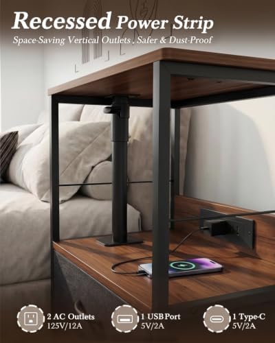 Faesun Night Stand with Charging Station & Swivel Top, Walnut Gray