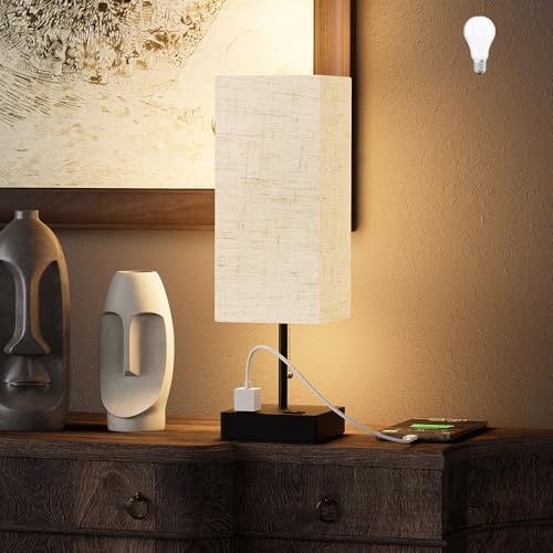 YIDPU Table Lamp for Bedroom with USB,Bedside Lamp with USB C+A Charging Ports,Adjustable 3color LED Light for Home Decor/Nightstand/Office,Included Bulb and Fabric Lamp Shade (Linen White, 1PCS)