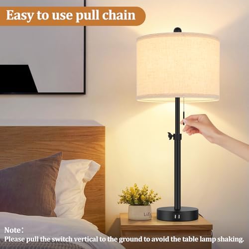 Adjustable Table Lamps for Bedroom Set of 2, 23''-30'' Height Adjusted Bedside Lamps with 2 USB Ports, Black Nightstand Lamps with Cream Linen Shade, Modern Industrial Living Room Lamp Set, Pull Chain