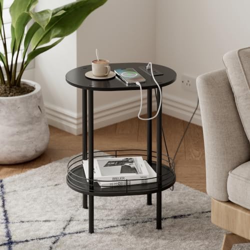 Small Oval Side Table with Charging Station, 2-Tier Black Round End Table
