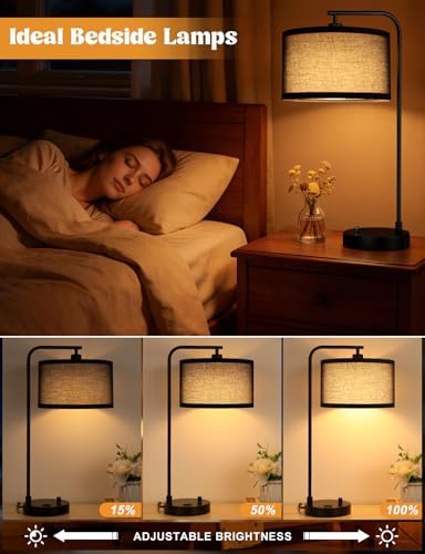 20.7" Tall Table Lamp with USB & Outlet, Fully Dimmable Nightstand Lamp