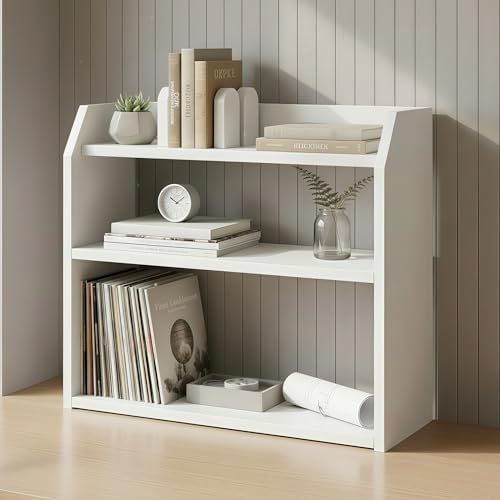 Tangkula 3-Tier Desktop Bookshelf, Wooden Countertop Bookcase with Guardrails, Space-Saving Desk Display Hutch Shelf, Modern Tabletop Storage Organizer for Study Room, Office and Dormitory (1,White)