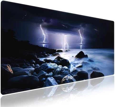 Lightning Thunderstorm Ocean Large Mouse Pad, Stormy Rocky Sea Desk Mat