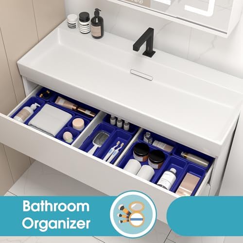 StoreHappily 10 PCS Drawer Organizer Set, 4 Size Makeup Drawer Divider Organizer With Non-Slip Pads, Interlocking Plastic Storage Bins for Office,Jewelry Vanity,Gadgets, Bathroom,Kitchen, Navy