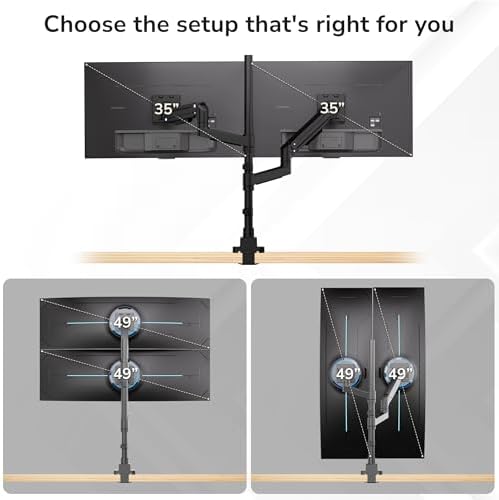 Mount-It! Dual Ultrawide Monitor Desk Mount for 17–49” Screens, Height-Adjustable Stacking Arms with Pole, Heavy Duty Gas Spring, Full Motion, VESA 75/100, Clamp or Grommet