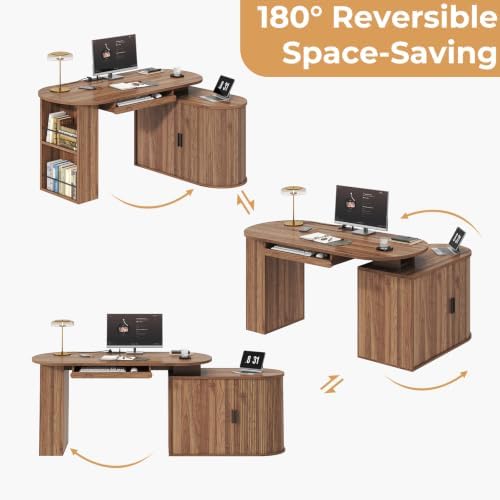 HSH L Shaped Office Corner Desk with Storage Cabinet Walnut 55 Inch