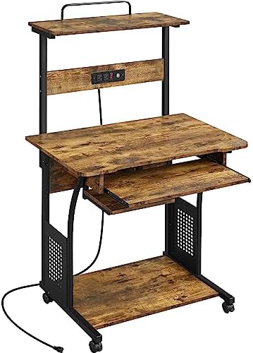 Topeakmart 3 Tiers Rolling Computer Desk with Power Outlet and USB Ports for Space Saving, Home Office Desk with Keyboard Tray and Printer Shelf on Wheels, Laptop PC Workstation Table, Rustic Brown