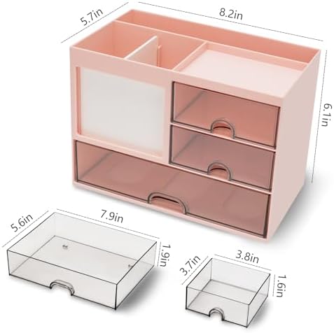 QIYVLOS Multi-Functional Desk Organizer with 3 Drawer and 8 Compartments, Pink