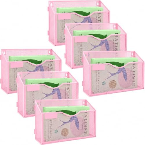 6 Packs 1 Tier A4 Mesh in Tray Hanging Wall File Holder Magazine Document Holder Mail Organiser Magazine Storage Rack,Durable Metal Mesh Filing Storage, Pink