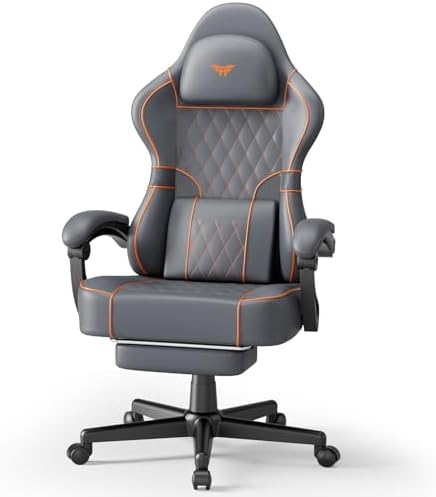 Huracan Ergonomic Gaming Chairs with Footrest, Adjustable Video Game Chairs with Massage Lumbar for Adults, Reclining Racing Computer Chair with Spring Cushion Extended Seat for Home Office, Grey