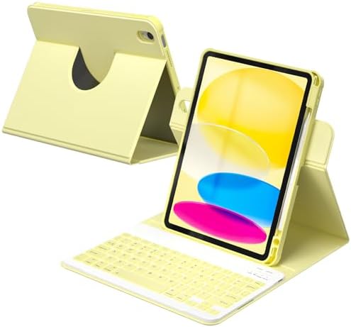YBING for iPad A16 Case with Keyboard & iPad 10th Generation 10.9" 2022, 360 Rotation Magnetic Cover with 7-Color Backlit Wireless Detachable Keypad with Pencil Holder (Yellow)