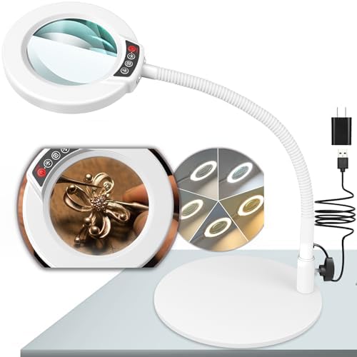 10X Magnifying Glass with Light and Stand, 16.5in Flexible Goose-Neck, 5 Color Modes Stepless Dimmable LED Lighted Desk Lamp, Hands Free Magnifier for Crafting Hobby Painting Close Work - White