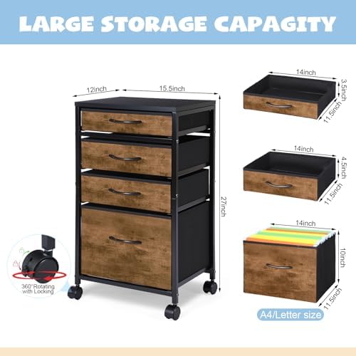 Chunful 4 Drawer Rolling File Cabinet Mobile Printer Stand Metal Cart with Fabric Vertical Filing Chest Wheels A4 Letter Size Under Desk Utility Craft Storage Organizer for Home Office School(Brown)