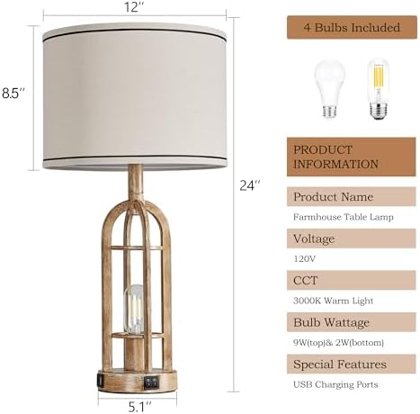 SRJJA 24" Farmhouse Table Lamps for Living Room Bedroom Set of 2, USB A+C
