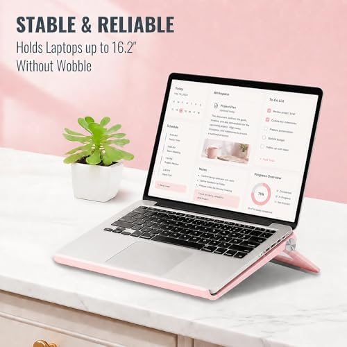 Pink Laptop Stand for Desk, Foldable Adjustable Laptop Riser