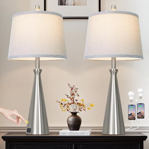 Rinweey 28" Silver Touch Table Lamps Set of 2 with USB A+C Ports, 3-Way Dimmable Bedroom Lamps for Night Stands, Tall Modern Living Room Lamps for End Tables (2 LED Bulbs Included)