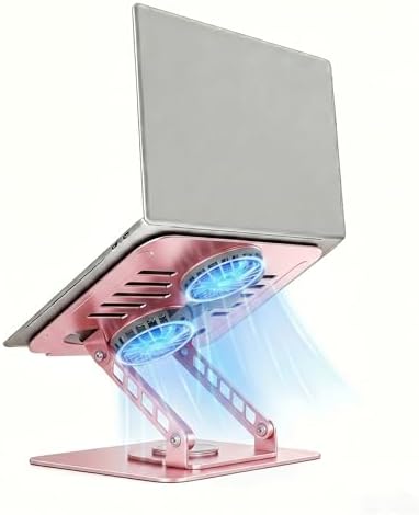 Laptop Stand with Cooling Fan, 360° Rotating Base Aluminum Laptop Riser, Foldable Ergonomic Computer Stand for Desk, Height Adjustable Notebook & All Laptops Up to 17.3" (Pink)