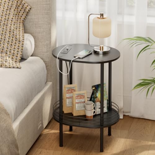 Small Oval Side Table with Charging Station, 2-Tier Black Round End Table