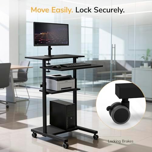 Mount-It! Mobile Computer Cart with Monitor Mount for Screen up to 32", Portable Desk on Wheels, Rolling Laptop Stand for Teachers, Office, Classroom, Rise up to 53", Podium, Keyboard Tray, Black