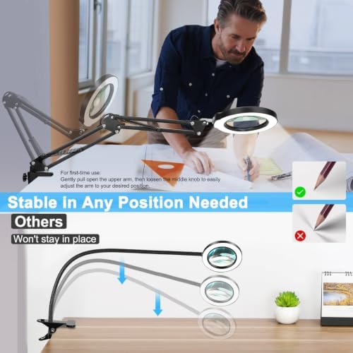 30X 10X Magnifying Glass with Light and Clamp, Real Glass Lighted Magnifier, 5 Color Modes Stepless Dimmable LED Desk Lamp Hands Free for Crafts Hobby Reading Painting Sewing Close Work Black