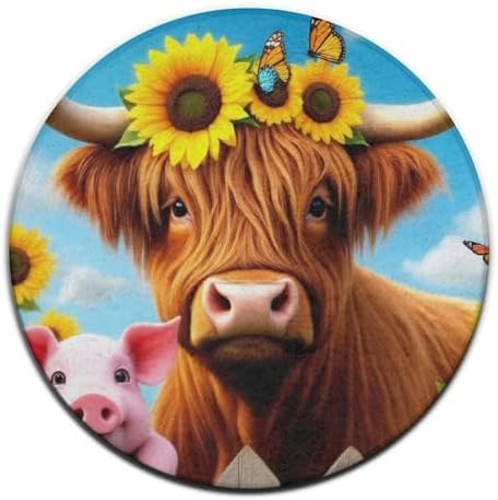 Soft Round Yoga Carpet, Office Chair Decor Round Mat for Carpet and Hardwood Floors Pig Sunflower Highland Cow