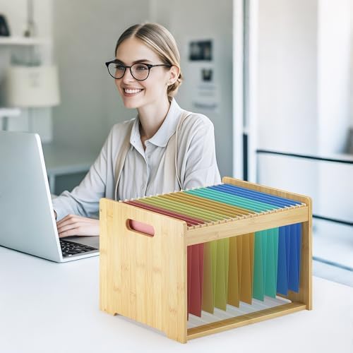 Bamboo Hanging File Box Organizer, File Folder Storge, Nature, 2 Pack