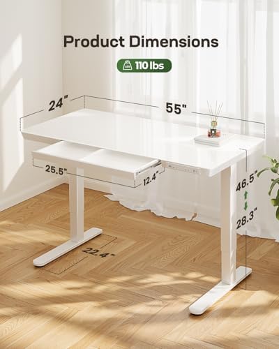 Marsail Glass Standing Desk with Drawer,55 x 28 inch Electric Standing Desk, Adjustable Height Desk with Storage & USB Charging Ports, One-Piece Standing Desk for Home & Office, White