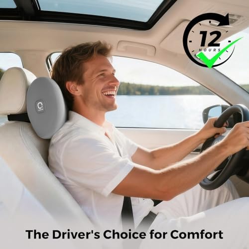 BEBAS Memory Foam Car Headrest Pillow - Breathable Neck Support Pillow for Driving, Universal Fit Cars/SUVs/Tesla/Toyota & Office Chair, Removable Cover (Grey, 4-Season)