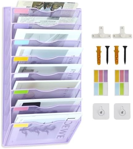 8 Pockets Mesh Wall File Holder Organizer Office Hanging File Folder Magazine Rack, Nametag Label Hooks Set Included (Purple)