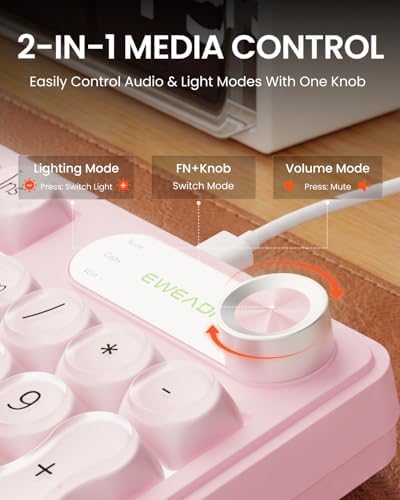 Wired Creamy Keyboard with Number Pad, 98-Key, Media Knob, RGB Backlit-Pink