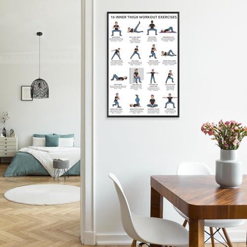 16 Inner Thigh Workout Exercise Poster, Bodyweight Adductor Training Chart Featuring Illustrated Home Fitness Moves for Beginner & Intermediate Leg Toning, Gym & Home Workout Reference Guide with Rep Count Instruction(20x30inchs，Black Framed)