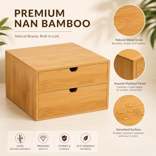 Bamboo Desk Organizer with 2 Drawers, Natural Wood Tabletop Storage Box | No-Assembly Countertop Drawer for Office Home Makeup Jewelry Stationery