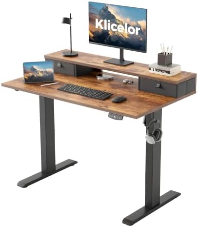 Klicelor 40 x 24 Inch Electric Standing Desk with Drawers, Adjustable Height Small Sit Stand Desk for Home Office, Compact Computer Workstation with Storage– Rustic Brown