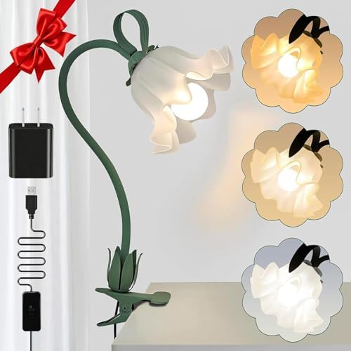 Clip On Flower Lamp for Bedroom, Aesthetic Bedside Reading Light with Flexible Gooseneck, 3 Color Modes Cute Desk Lamp Decor for Dorm Room, Headboard, Nightstand and Home Office