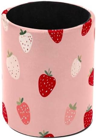 Leather Pen Holder for Desk, Cute Strawberries Print Pencil Cup Pen Organizer Makeup Brush Holder for Office Home Kids Countertop Desk Accessory Storage